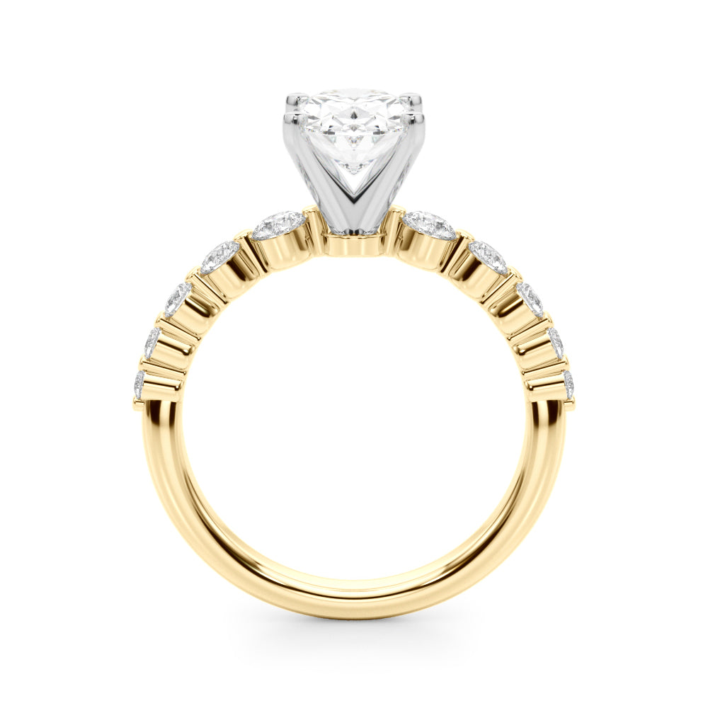 Yellow gold Oval Solitaire Diamond Ring with Pave Band and Four-Prong Setting 2