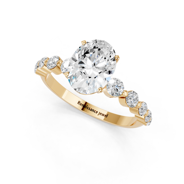 18K Yellow Gold 3.05 Carat E VS1 Oval Solitaire Diamond Ring with Pave Band and Four-Prong Setting