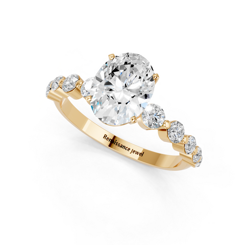 18K Yellow Gold 3.05 Carat E VS1 Oval Solitaire Diamond Ring with Pave Band and Four-Prong Setting