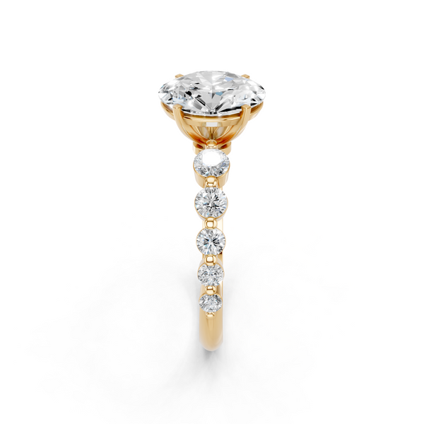 18K Yellow Gold 3.05 Carat E VS1 Oval Solitaire Diamond Ring with Pave Band and Four-Prong Setting