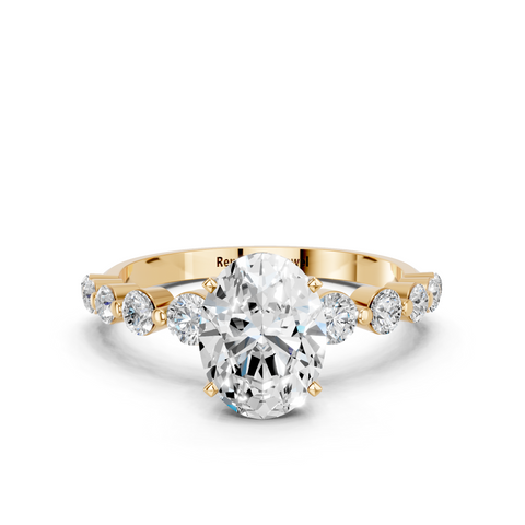 18K Yellow Gold 3.05 Carat E VS1 Oval Solitaire Diamond Ring with Pave Band and Four-Prong Setting
