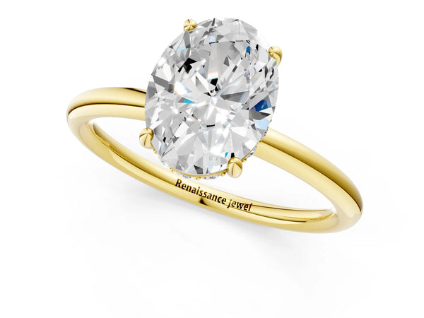 Yellow gold Oval Solitaire Diamond Ring with a Classic Band and Four-Prong Setting