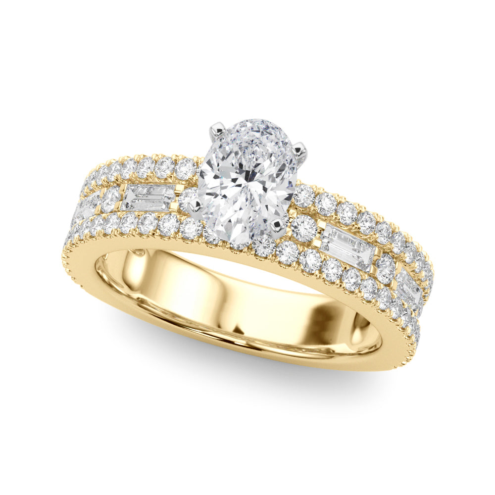Yellow gold Oval Solitaire Diamond with Pave and Channel Set Band