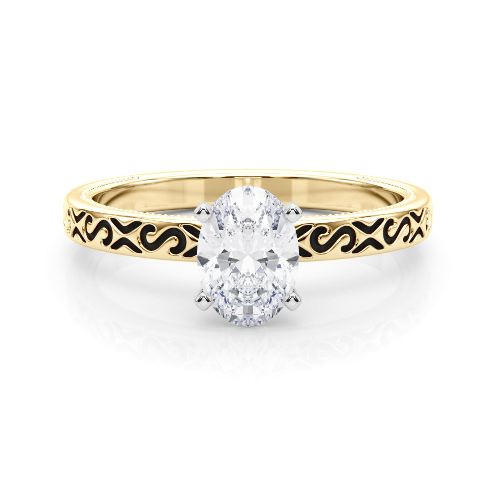 Yellow gold Oval Solitaire Engagement Ring with Scrollwork Band and Four-Prong Setting 1
