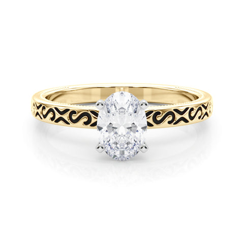 Yellow gold Oval Solitaire Engagement Ring with Scrollwork Band and Four-Prong Setting 1