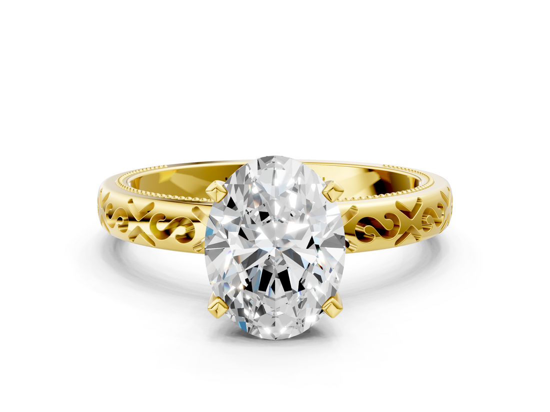 Yellow gold Oval Solitaire Engagement Ring with Scrollwork Band and Four-Prong Setting_137