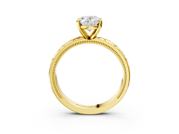 Yellow Gold Oval Vintage Solitaire Engagement Ring Setting with Openwork Scroll Band and Milgrain