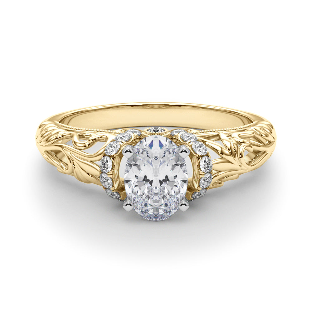 Yellow gold Oval Solitaire Filigree Engagement Ring with Halo and Prong Setting 1