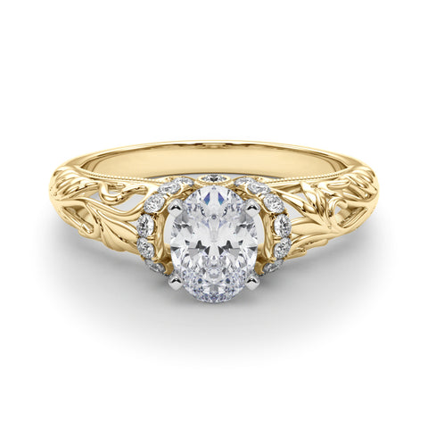 Yellow gold Oval Solitaire Filigree Engagement Ring with Halo and Prong Setting 1