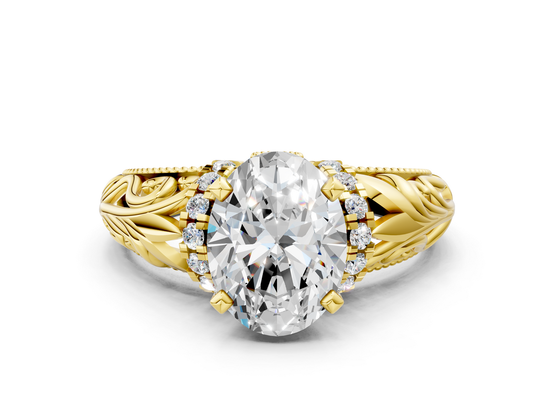 Yellow gold Oval Solitaire Filigree Engagement Ring with Halo and Prong Setting_55