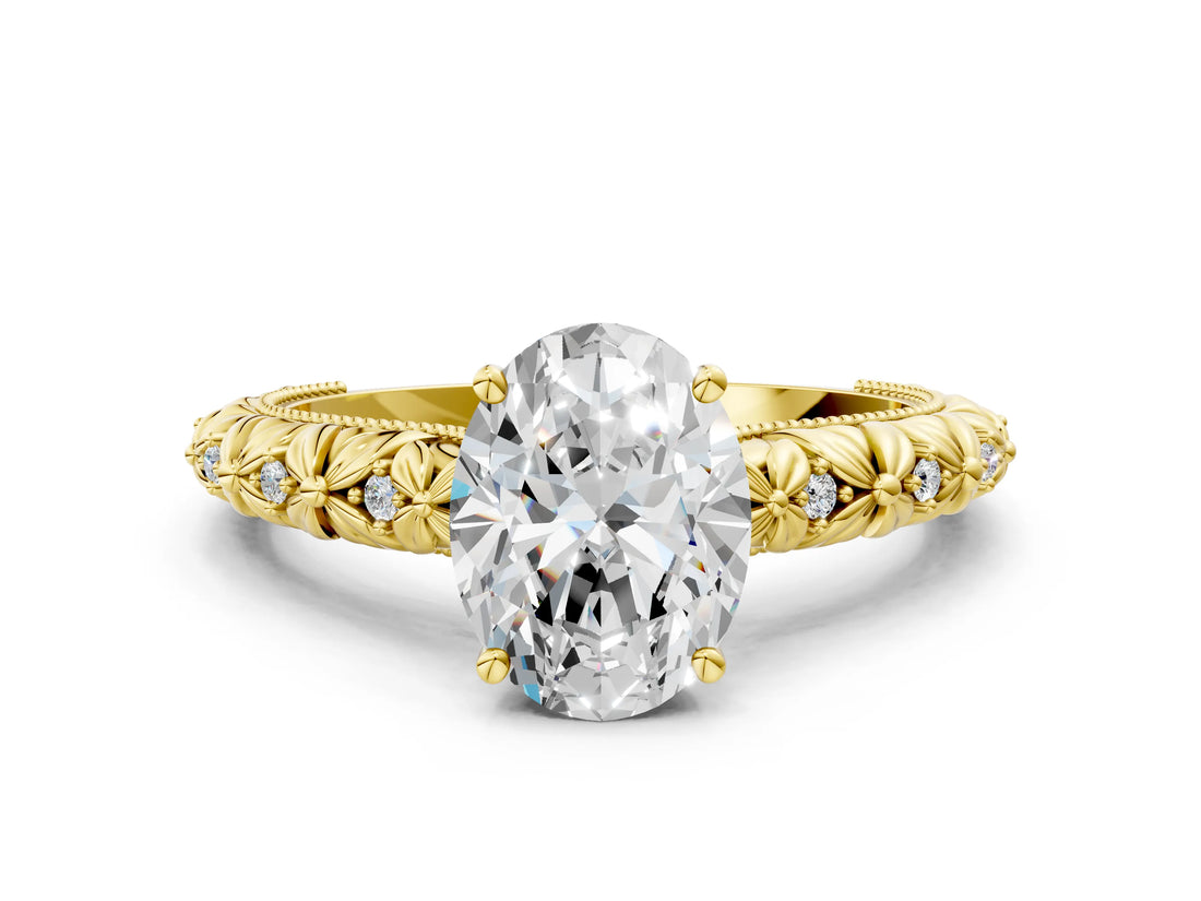 Yellow gold Oval Solitaire Floral Milgrain Engagement Ring_30