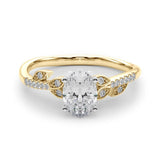 Yellow gold Oval Solitaire Leaf-Inspired Diamond Ring with Pavé Band and Four-Prong Setting 1