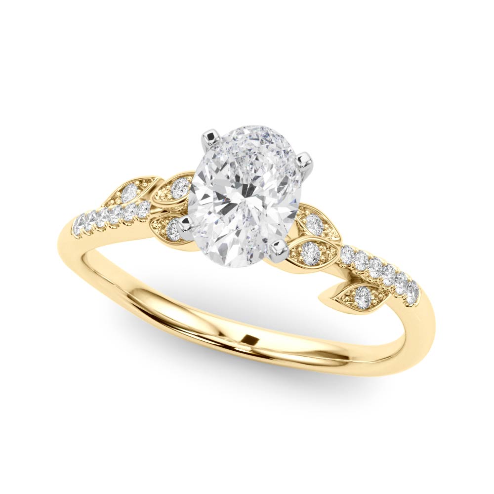 Yellow gold Oval Solitaire Leaf-Inspired Diamond Ring with Pavé Band and Four-Prong Setting