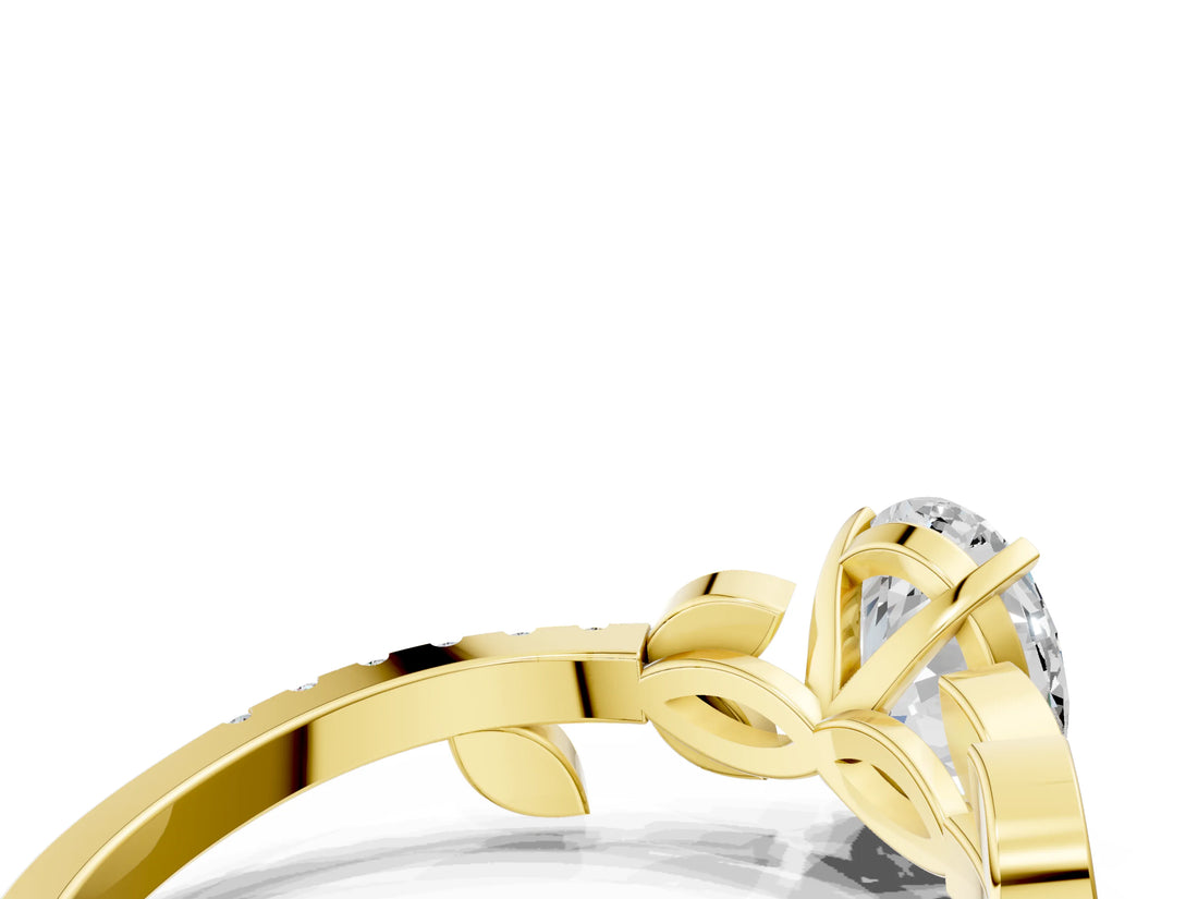 Yellow gold Oval Solitaire Leaf-Inspired Diamond Ring with Pavé Band and Four-Prong Setting_16