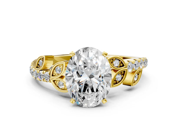 Yellow Gold Oval Leaf Solitaire Engagement Ring Setting with Pave Band
