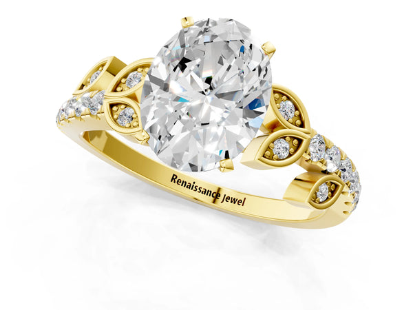 Yellow Gold Oval Leaf Solitaire Engagement Ring Setting with Pave Band