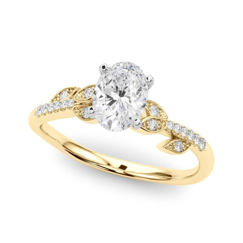 Yellow gold Oval Solitaire Leaf-Inspired Diamond Ring with Pavé Band and Four-Prong Setting