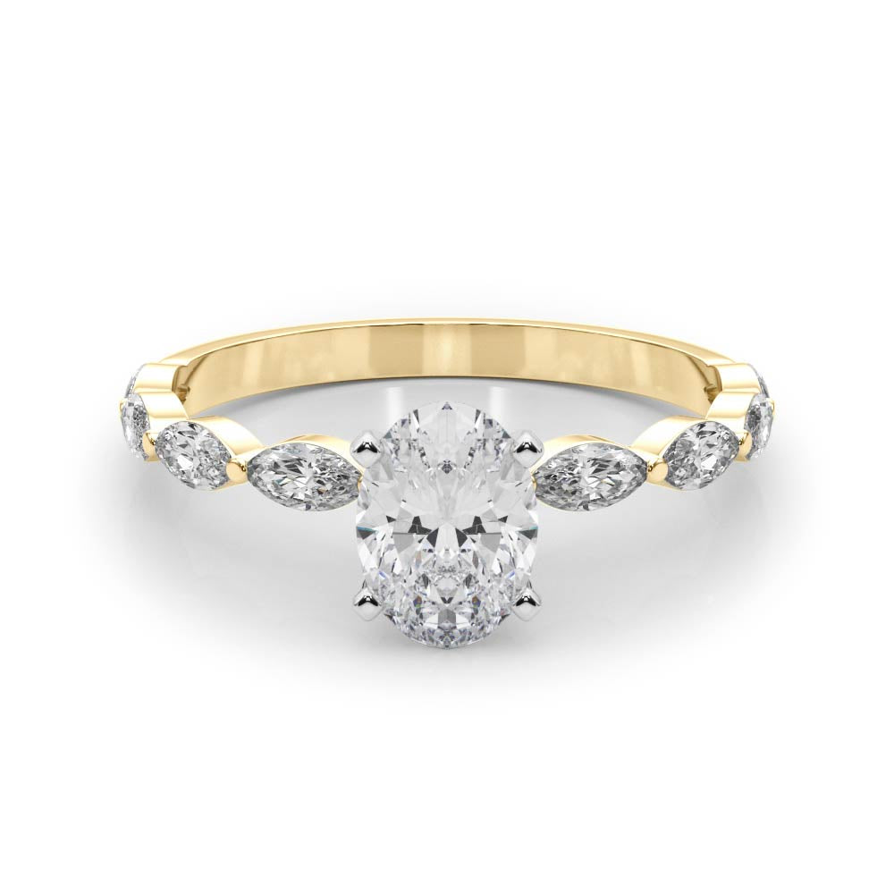 Yellow gold Oval Solitaire Marquise Side Stone Prong Setting Ring 1
