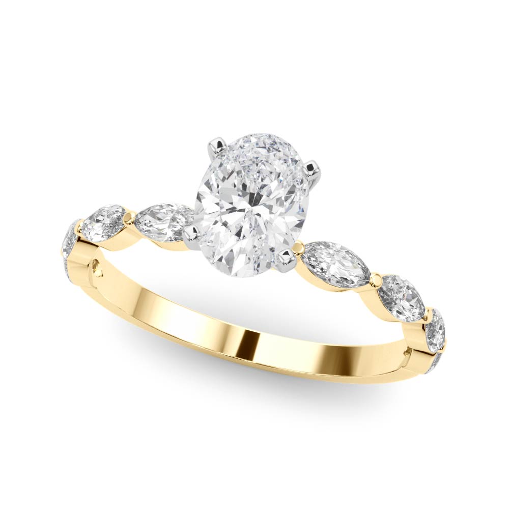 Yellow gold Oval Solitaire Marquise Side Stone Prong Setting Ring