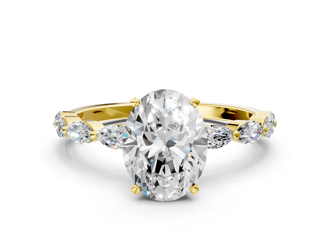 18K Yellow Gold 1.06 Carat D VVS2 Oval Diamond Ring with Marquise Side Stones and Prong Setting