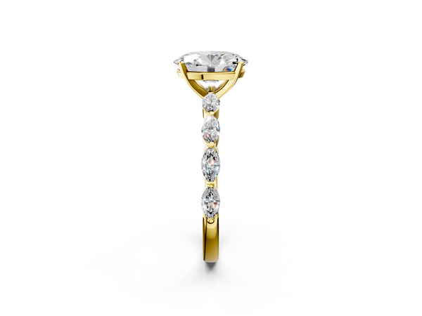 14K Yellow Gold 2.00 Carat E VVS2 Oval Diamond Ring with Marquise Side Stones and Prong Setting