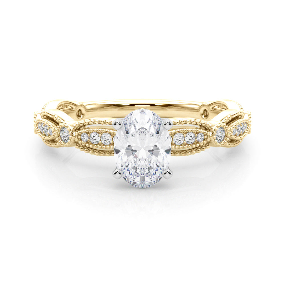 Yellow gold Oval Solitaire Milgrain Diamond Engagement Ring with Bezel and Marquise Band 1