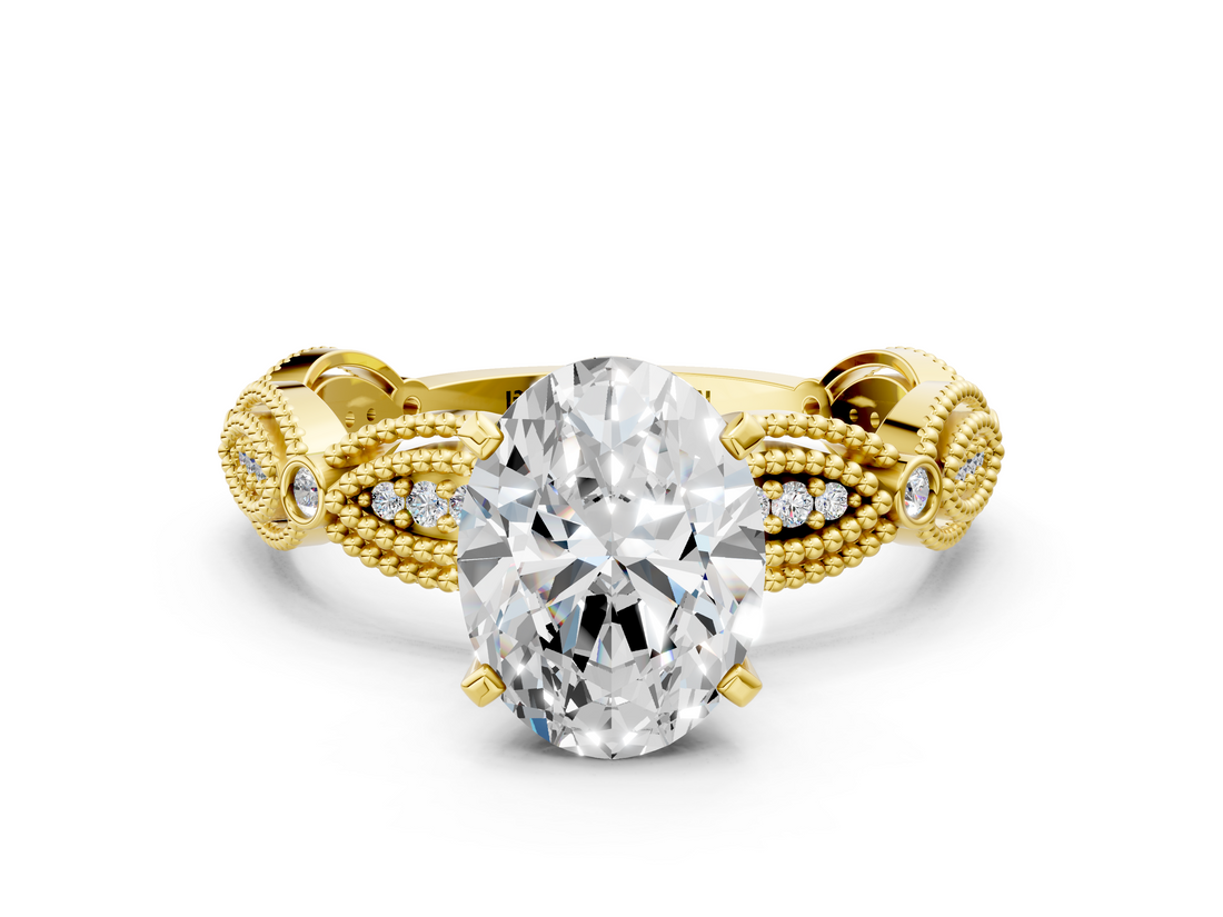 14K Yellow Gold 2.00 Carat D VVS1 Oval Solitaire Milgrain Diamond Engagement Ring with Bezel and Marquise Band