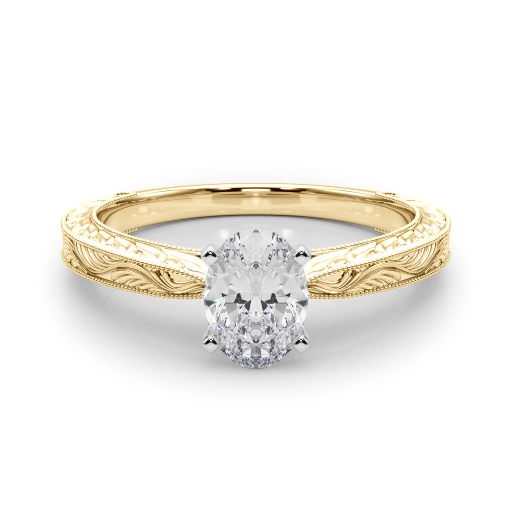 Yellow gold Oval Solitaire Milgrain Engraved Band with Four-Prong Setting 1
