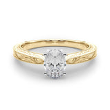 Yellow gold Oval Solitaire Milgrain Engraved Band with Four-Prong Setting 1