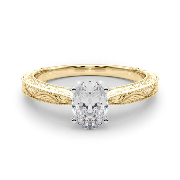 14K Yellow Gold 1.57 Carat E VVS2 Oval Solitaire Milgrain Engraved Band with Four-Prong Setting