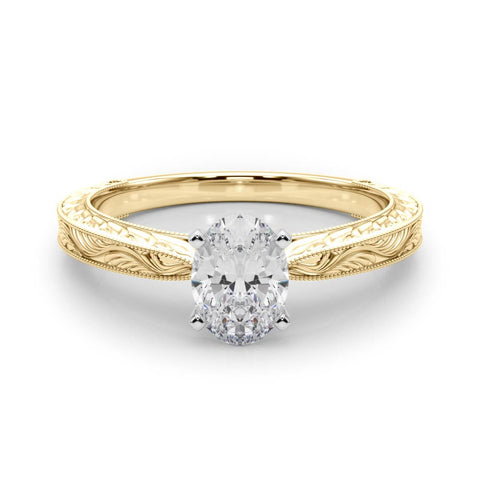 Yellow gold Oval Solitaire Milgrain Engraved Band with Four-Prong Setting 1