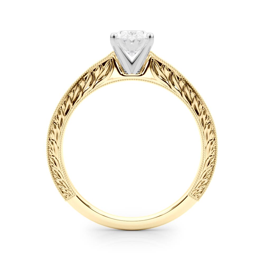 Yellow gold Oval Solitaire Milgrain Engraved Band with Four-Prong Setting 2
