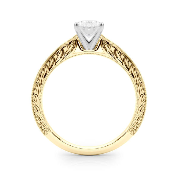 14K Yellow Gold 1.57 Carat E VVS2 Oval Solitaire Milgrain Engraved Band with Four-Prong Setting
