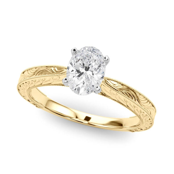 14K Yellow Gold 1.57 Carat E VVS2 Oval Solitaire Milgrain Engraved Band with Four-Prong Setting