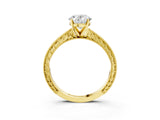 Yellow gold Oval Solitaire Milgrain Engraved Band with Four-Prong Setting_7
