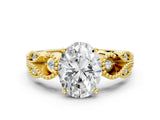 Yellow gold Oval Solitaire Milgrain Leaf Band with Prong Setting_4