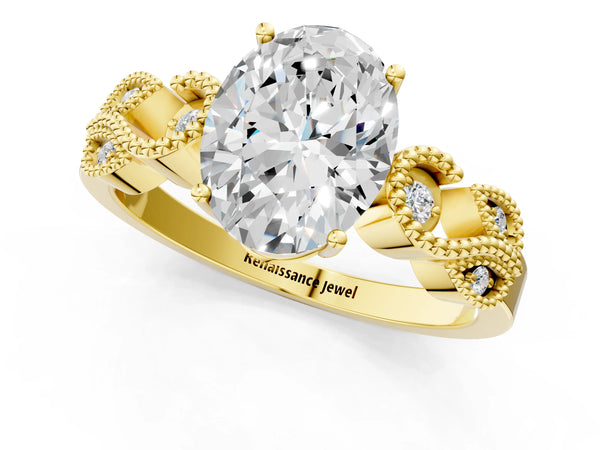 Yellow Gold Oval Vintage Solitaire Engagement Ring Setting with Milgrain Leaf Shoulders