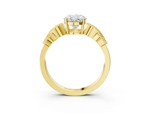 Yellow Gold Oval Vintage Solitaire Engagement Ring Setting with Milgrain Leaf Shoulders