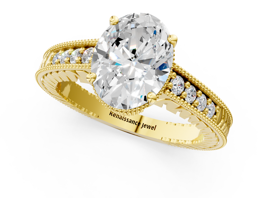 Yellow gold Oval Solitaire Pavé Diamond Milgrain Engagement Ring with Four-Prong Setting