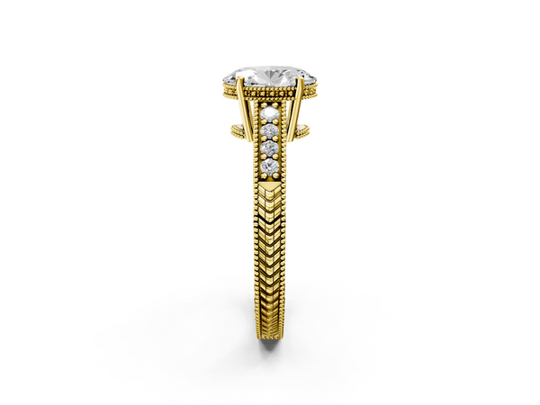 Yellow gold Oval Solitaire Pavé Diamond Milgrain Engagement Ring with Four-Prong Setting