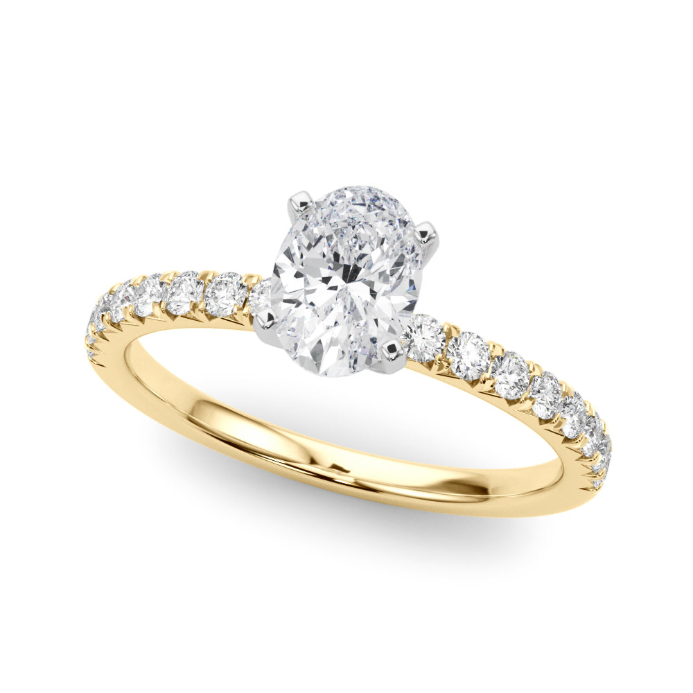 Yellow gold Oval Solitaire Pave Diamond Engagement Ring with Four-Prong Setting