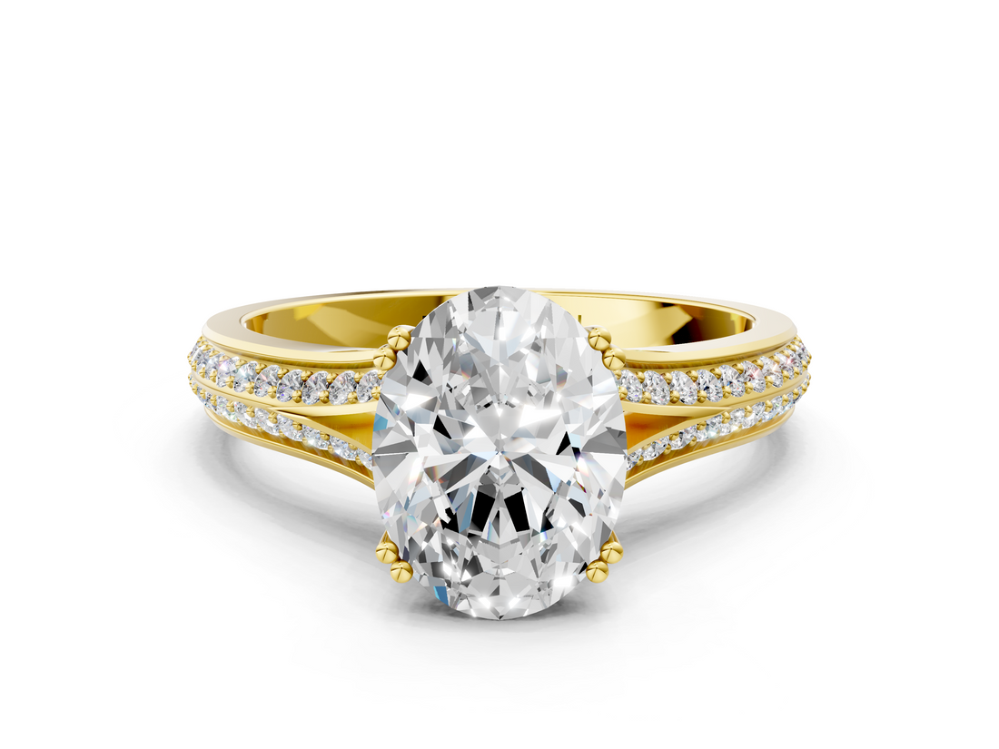14K Yellow Gold 0.95 Carat E VS1 Round Diamond Split Shank Engagement Ring with Pavé Band