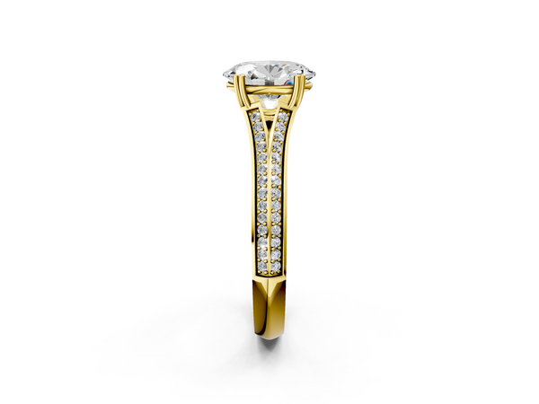 14K Yellow Gold 0.95 Carat E VS1 Round Diamond Split Shank Engagement Ring with Pavé Band