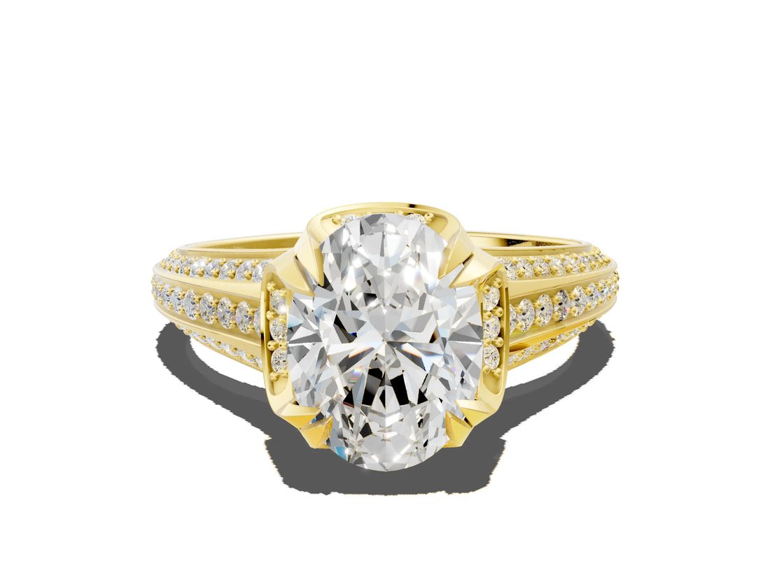 Yellow gold Oval Solitaire Pave Split Shank Ring with Four-Prong Setting_154