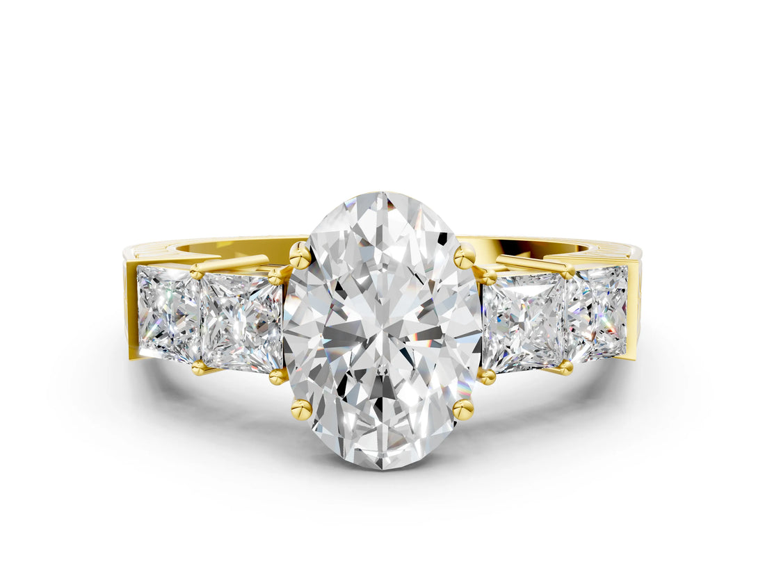 Yellow gold Oval Solitaire Princess Side Stone Engraved Band Prong Setting Ring_3