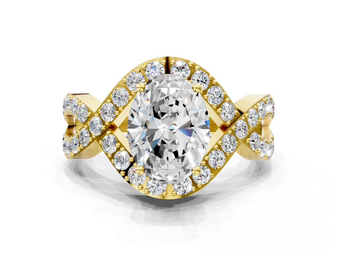 Yellow gold Oval Solitaire Twist Band Pavé Diamond Engagement Ring_32
