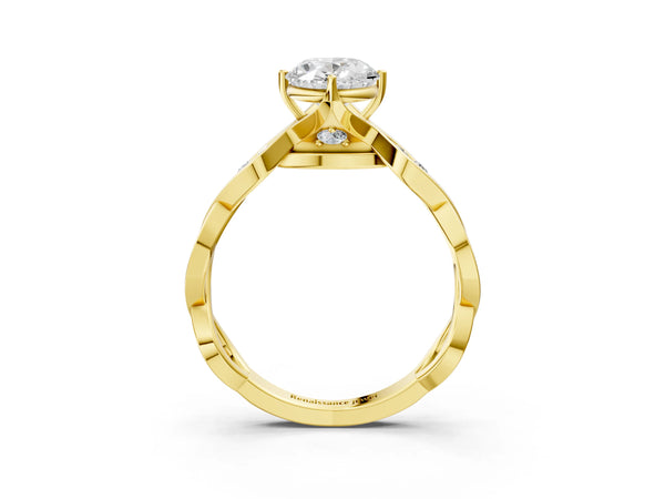 Yellow gold Oval Solitaire Twist Band with Leaf Prong Setting