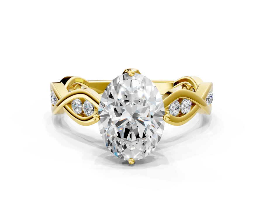 Yellow gold Oval Solitaire Twist Band with Leaf Prong Setting