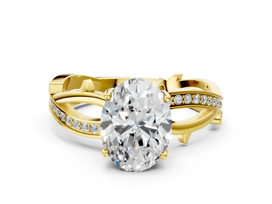 Yellow gold Oval Solitaire Twist Band with Pavé Accents and Four-Prong Setting_22
