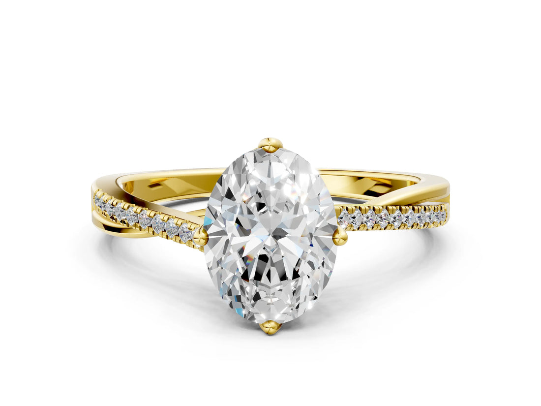 Yellow gold Oval Solitaire Twist Band with Pavé Diamonds and Four-Prong Setting_57